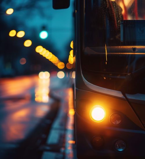 Evening view of a public bus on a wet street with vibrant city lights reflecting on its surface.